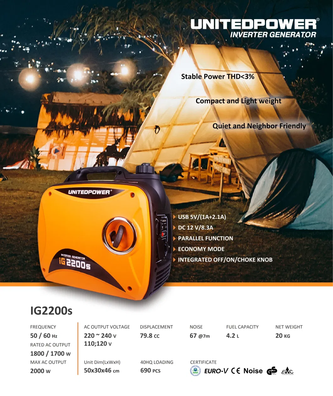 2000W 2kw Super Silent Fuel-Efficient AC+DC+USB Camping Outdoor CE Euro-V & EPA Portable Pure Sine Wave Gasoline Inverter Generator